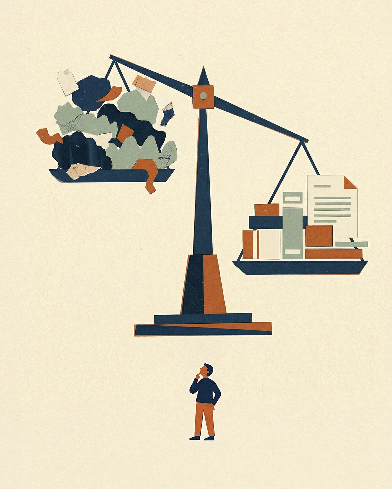 wrongful termination-man beneath large uneven scale. Right side of scale heavier than the left.