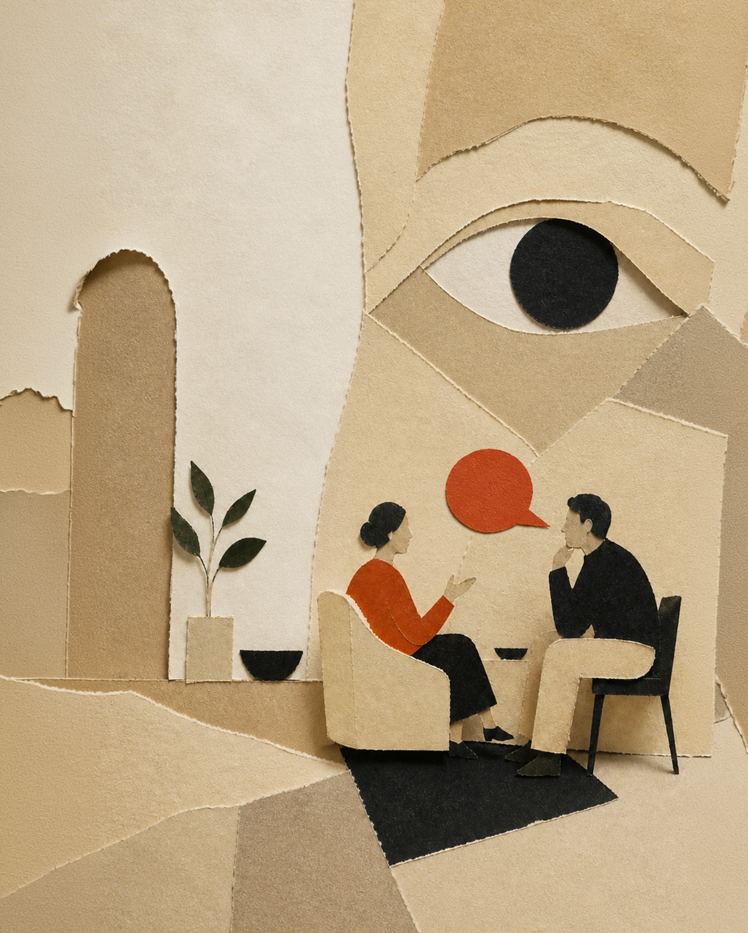 Two people sitting with close up of large eye in background-workplace conversations