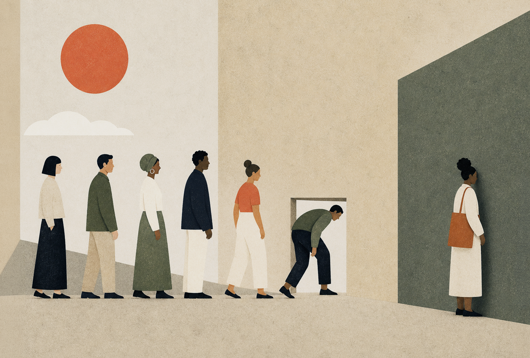 Line of people entering a small opening with one person facing a wall. Indirect discrimination