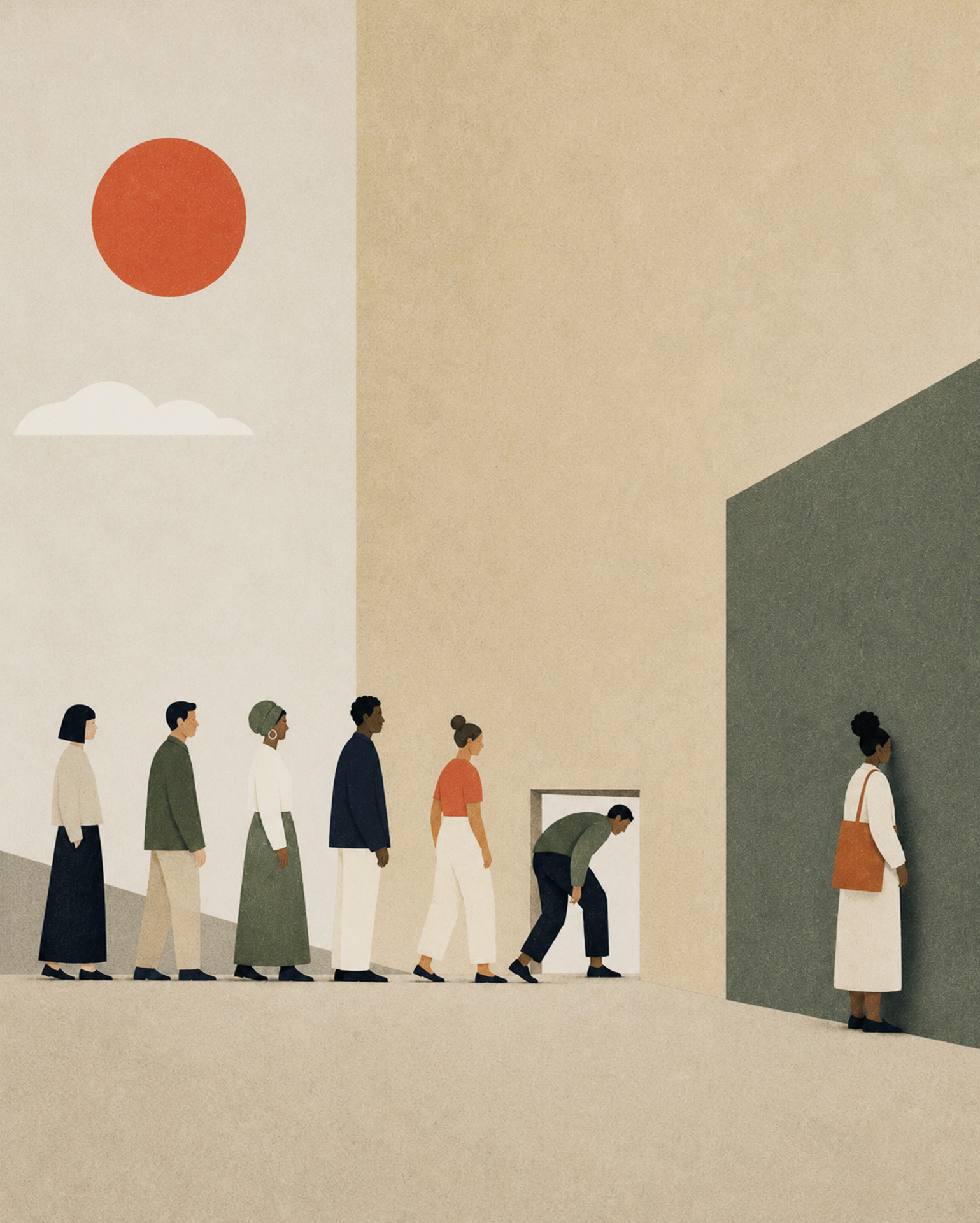 Line of people entering a small opening with one person facing a wall. Indirect discrimination