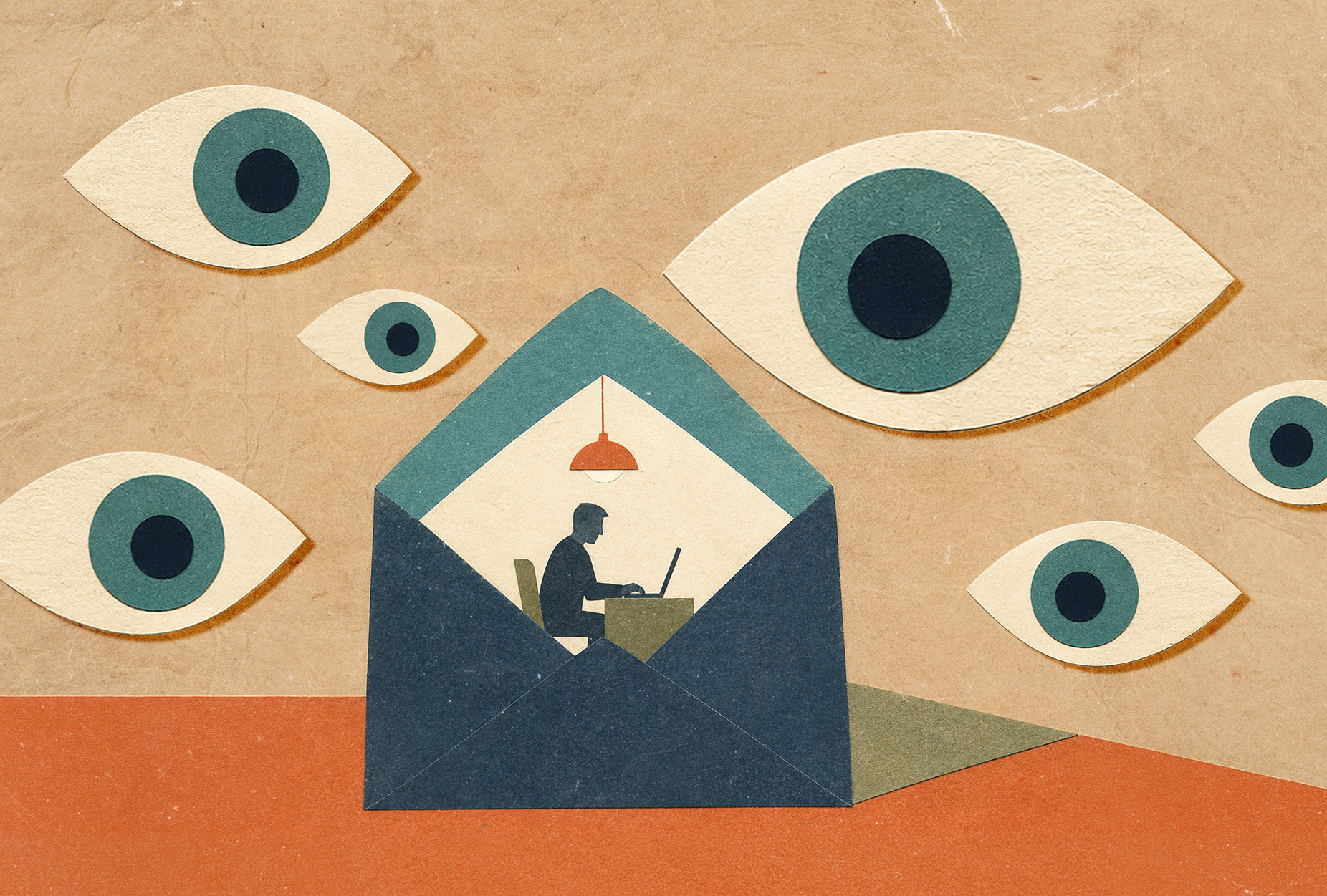 Monitor Email-multiple eyes looking at a person sitting at a desk in an envelope.