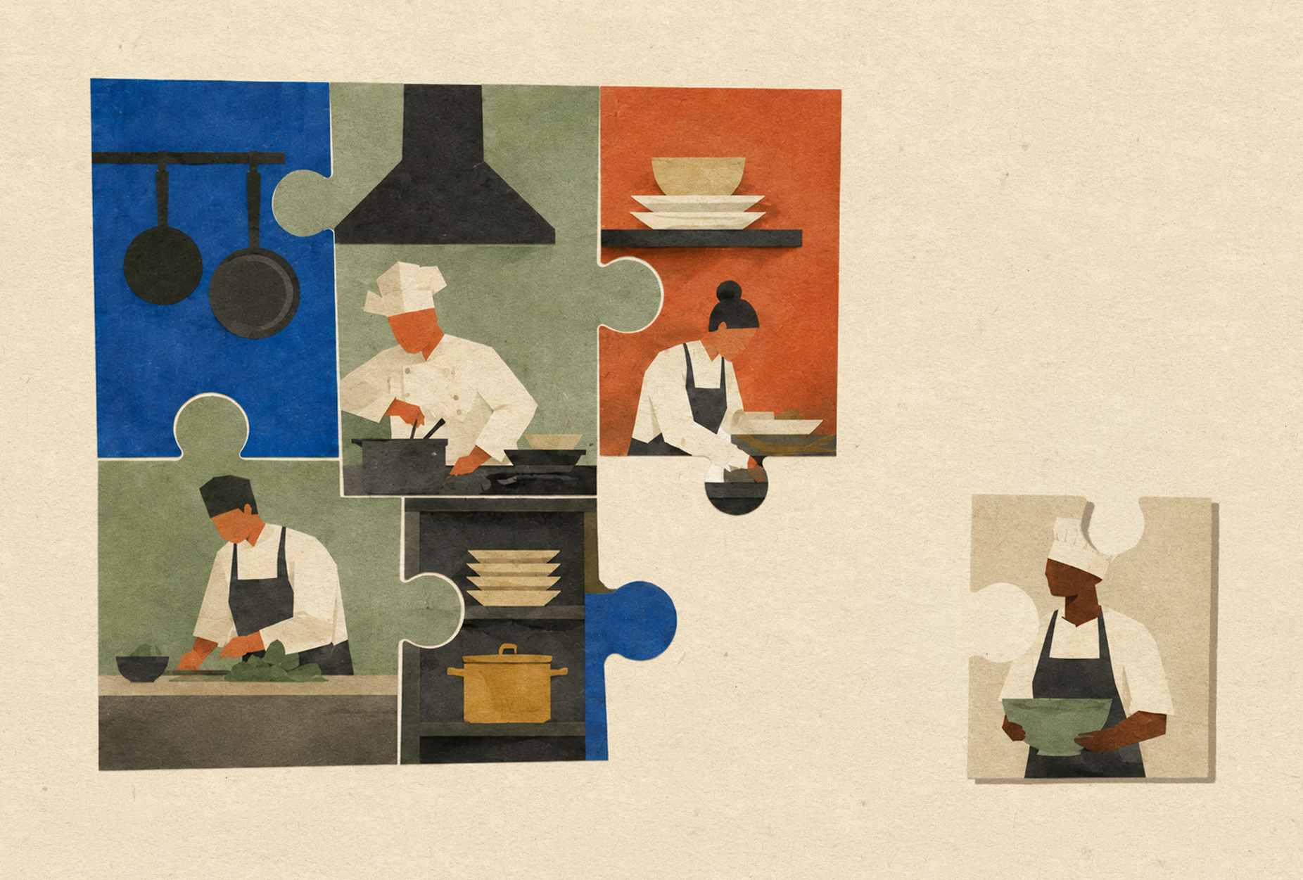 Discrimination in hiring process-puzzle pieces with restaurant kitchen staff working in them. One puzzle piece separated with person holding bowl.