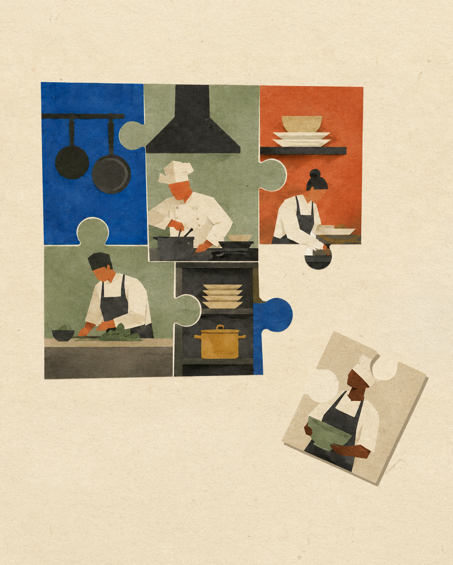 Discrimination in hiring process-puzzle pieces with restaurant kitchen staff working in them. One puzzle piece separated with person holding bowl.
