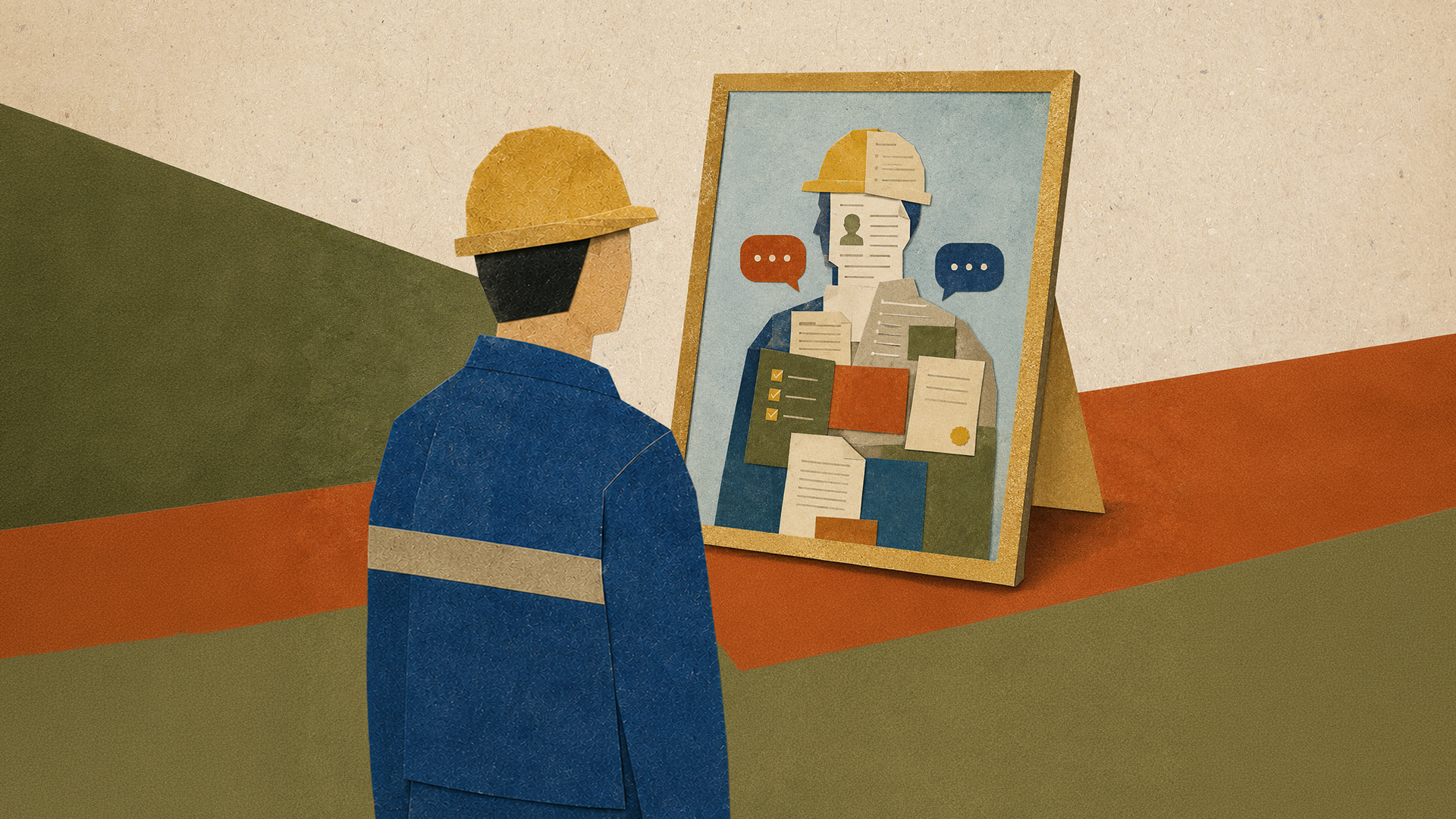 Former Employer- Worker with hardhat looking at portrait of a person looking back at him.