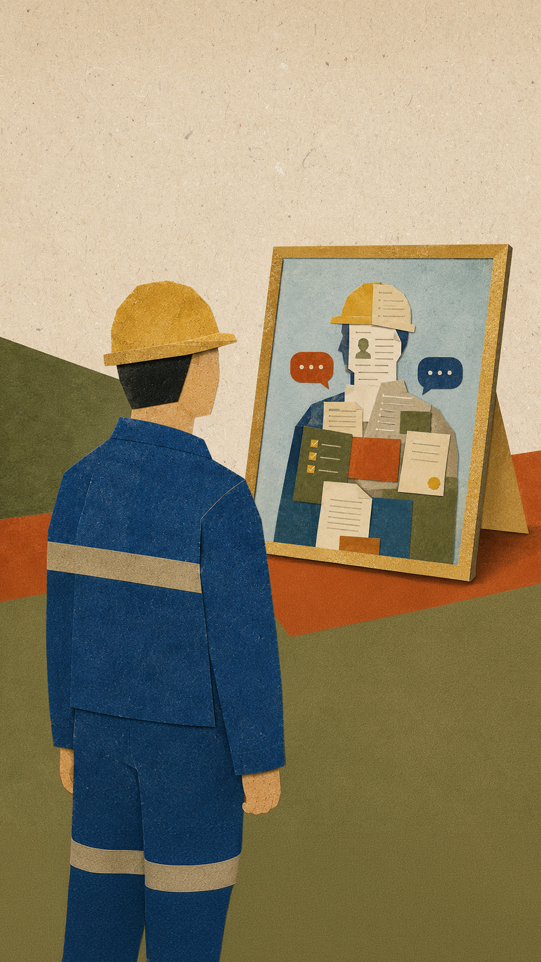 Former Employer- Worker with hardhat looking at portrait of a person looking back at him.