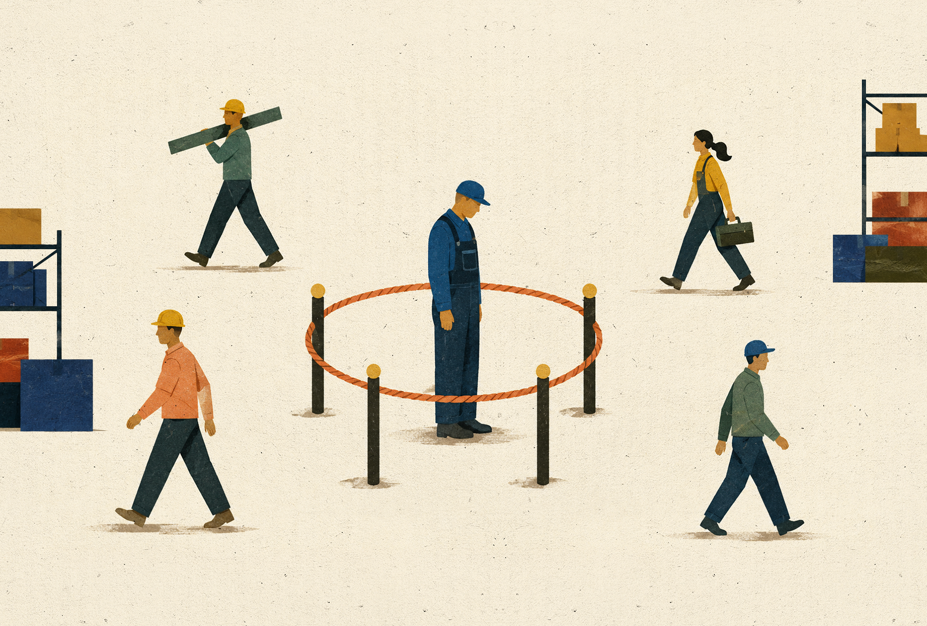 Workplace bullying- man in center roped off with head down.