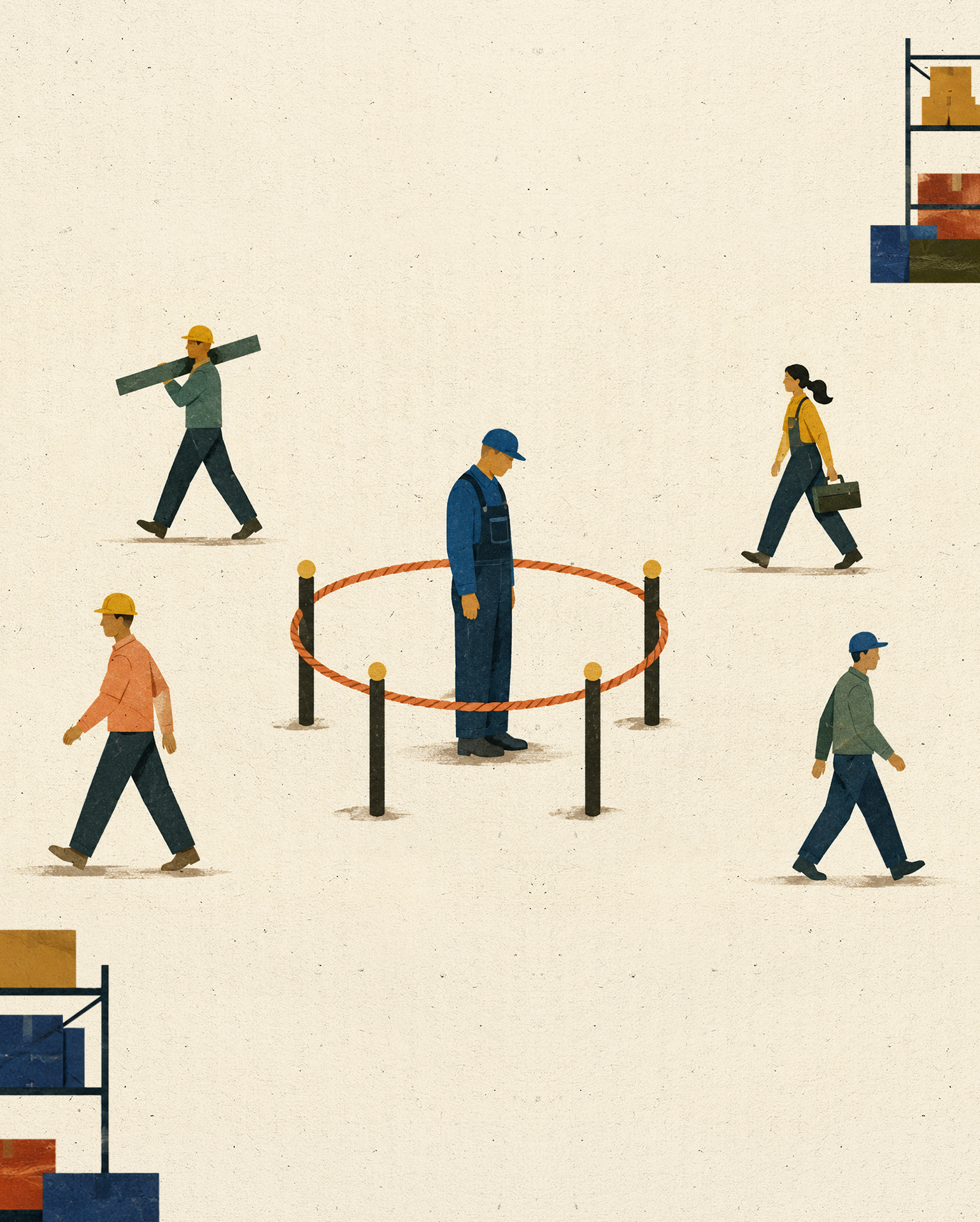 Workplace bullying- man in center roped off with head down.