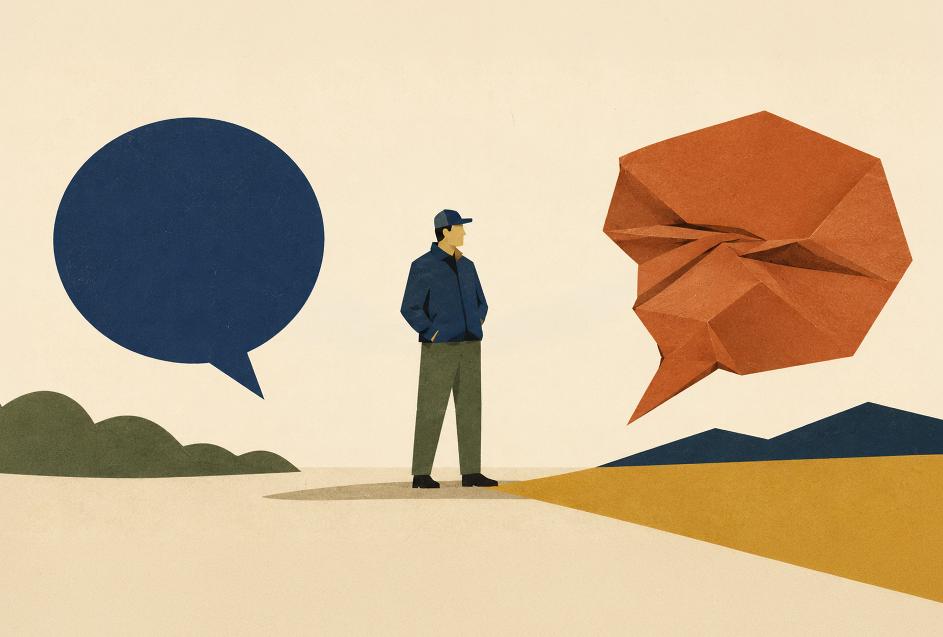 Bad reference-man standing on road with two different thought bubbles on either side.