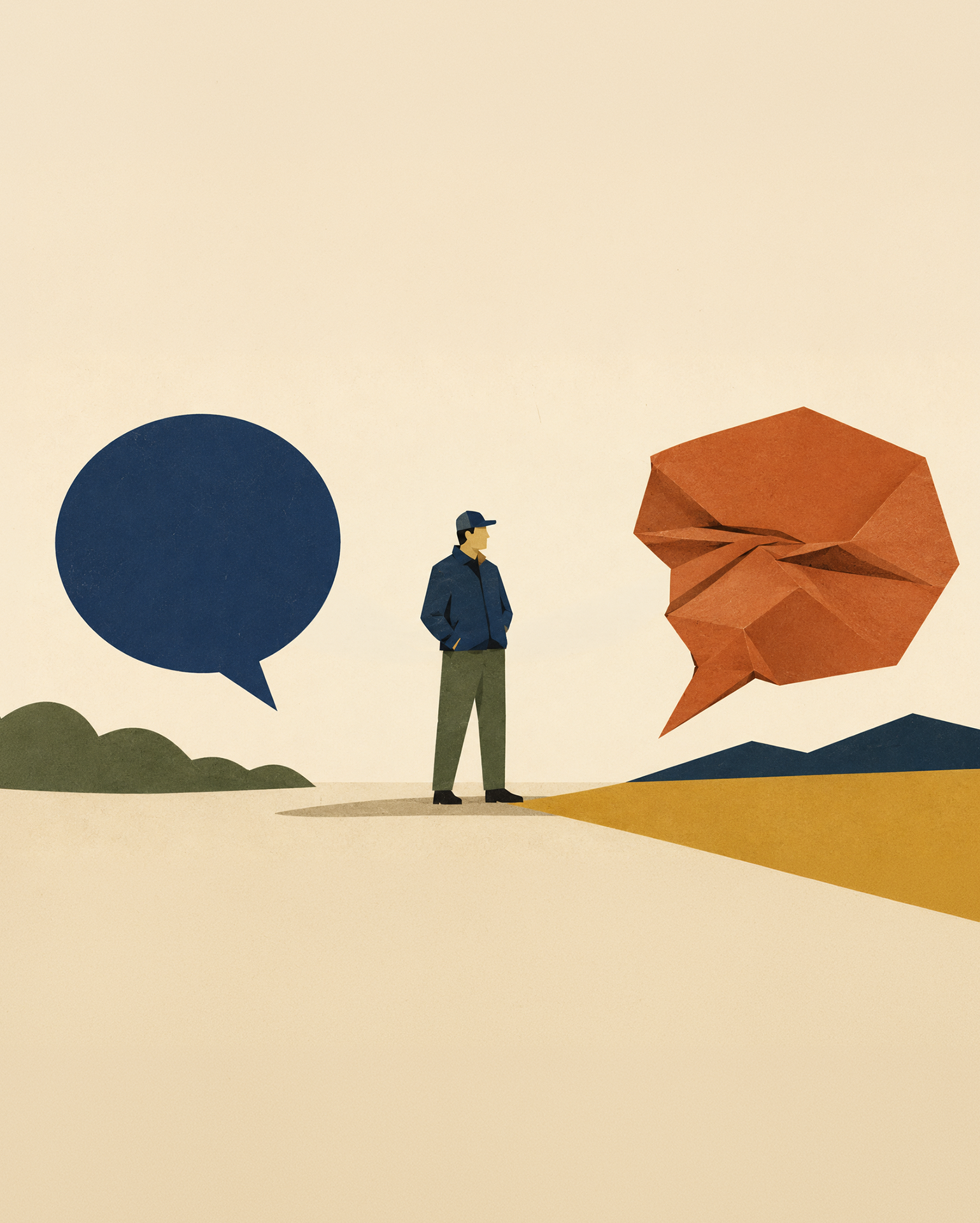 Bad reference-man standing on road with two different thought bubbles on either side.