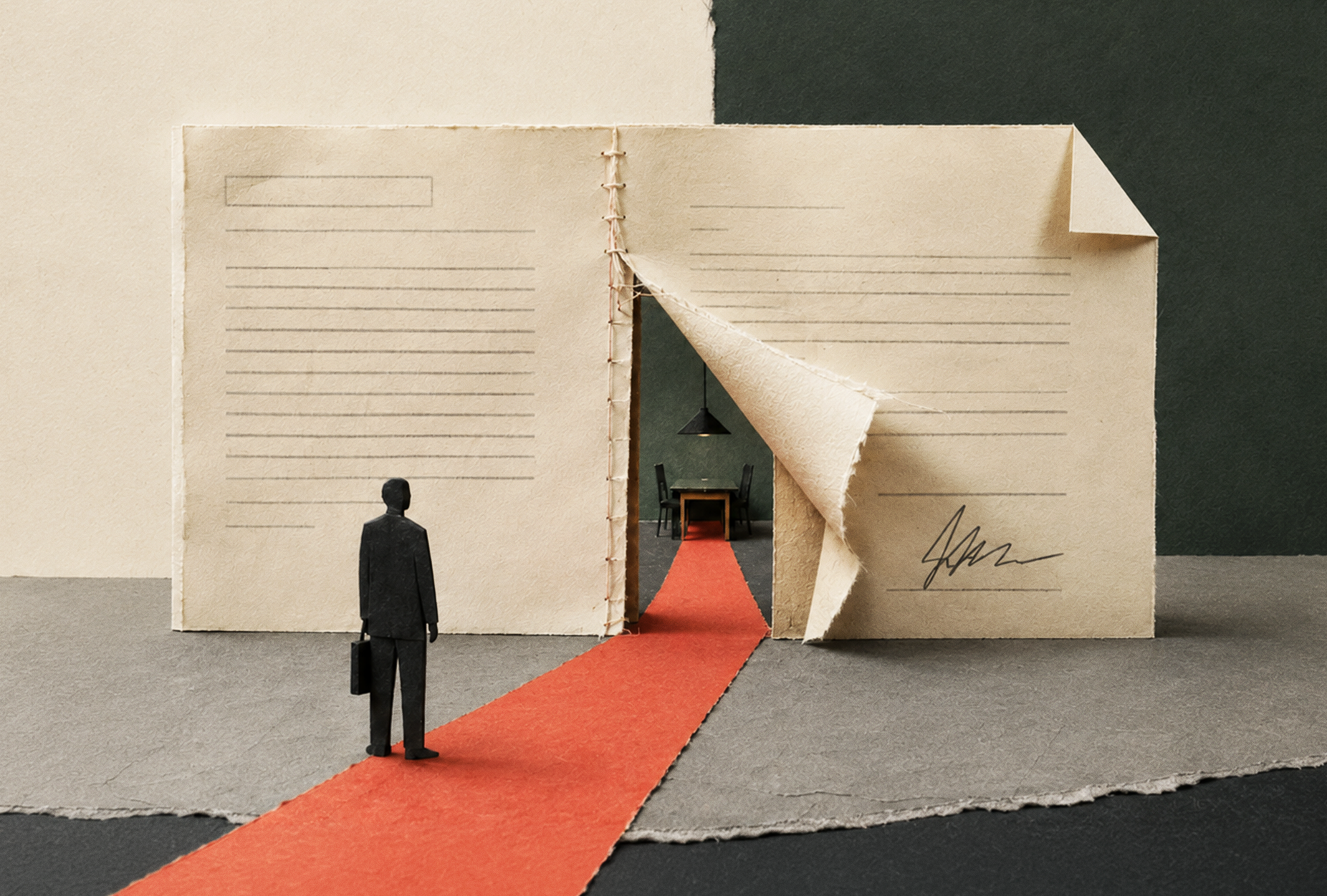 Arbitration Agreement-Man walking down red carpet toward a house structure made of a document