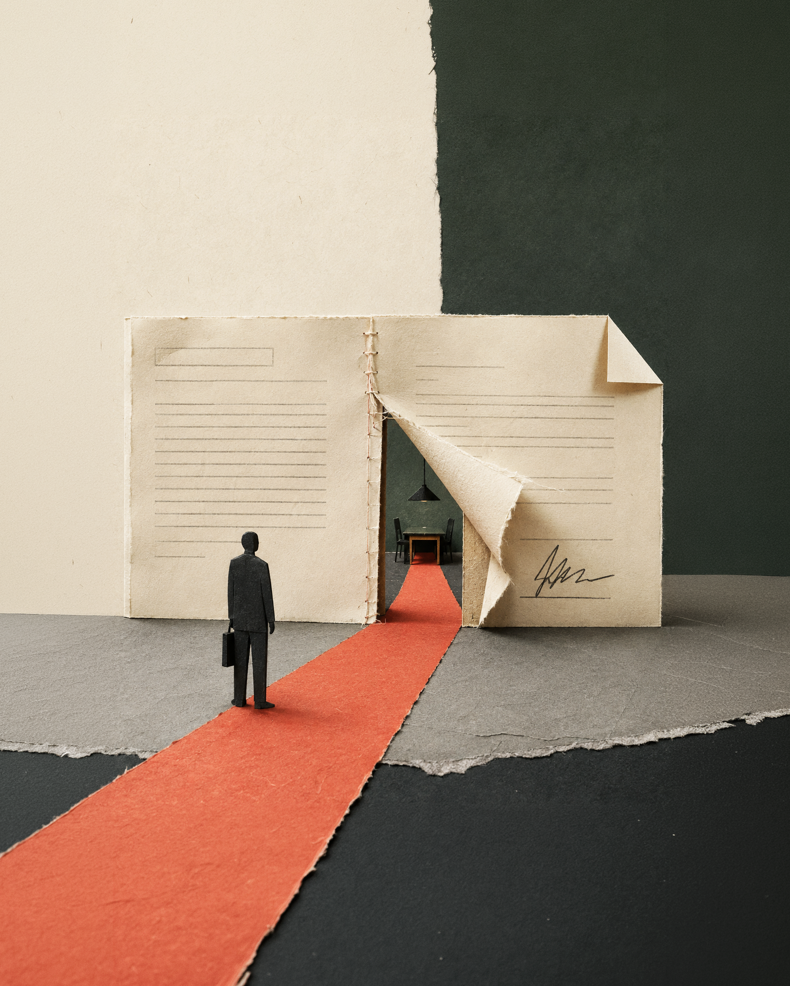 Arbitration Agreement-Man walking down red carpet toward a house structure made of a document