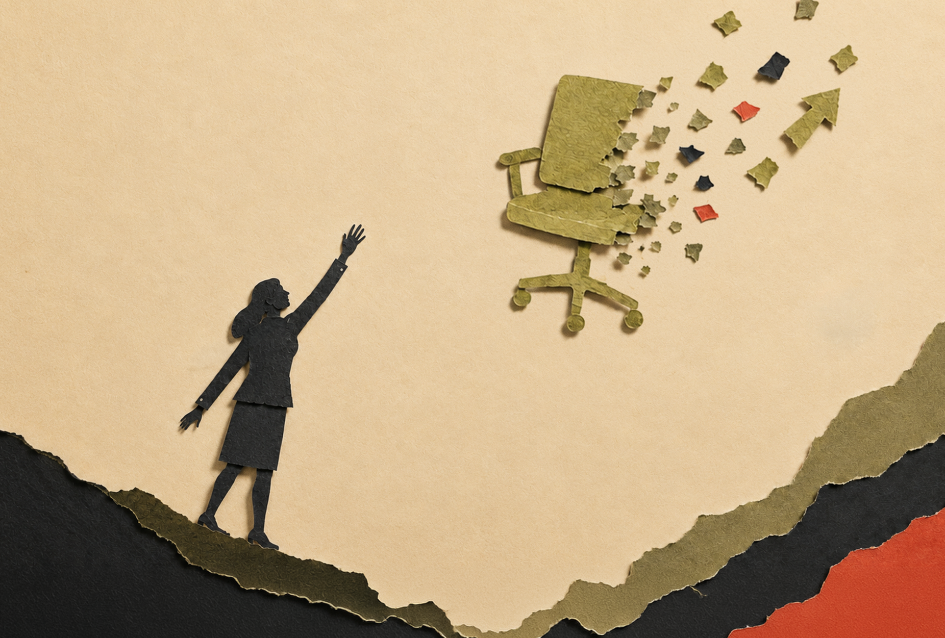 False promises-silhuette of person reaching toward an office chair in sky.