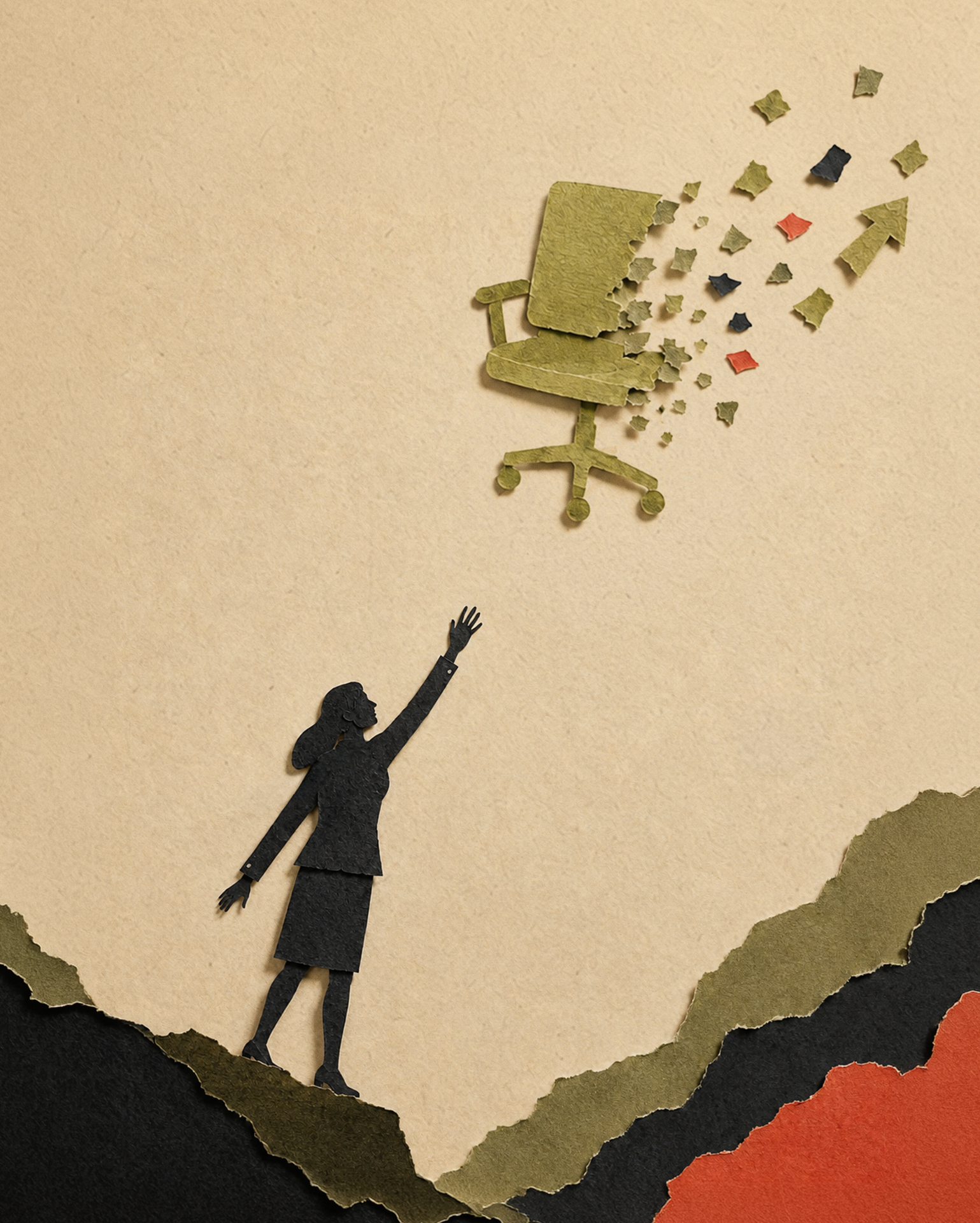 False promises-silhuette of person reaching toward an office chair in sky.