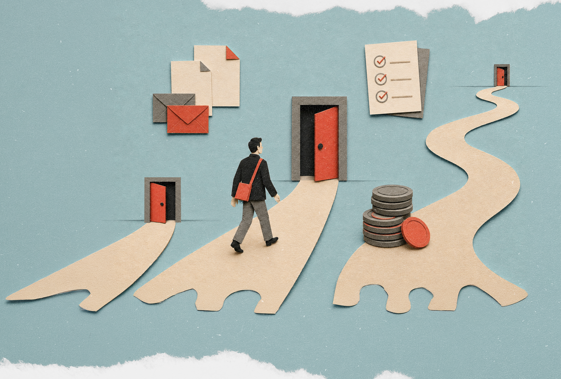 mitigation of damages in employment cases-illustration style-person walking toward open door with money and papers around him