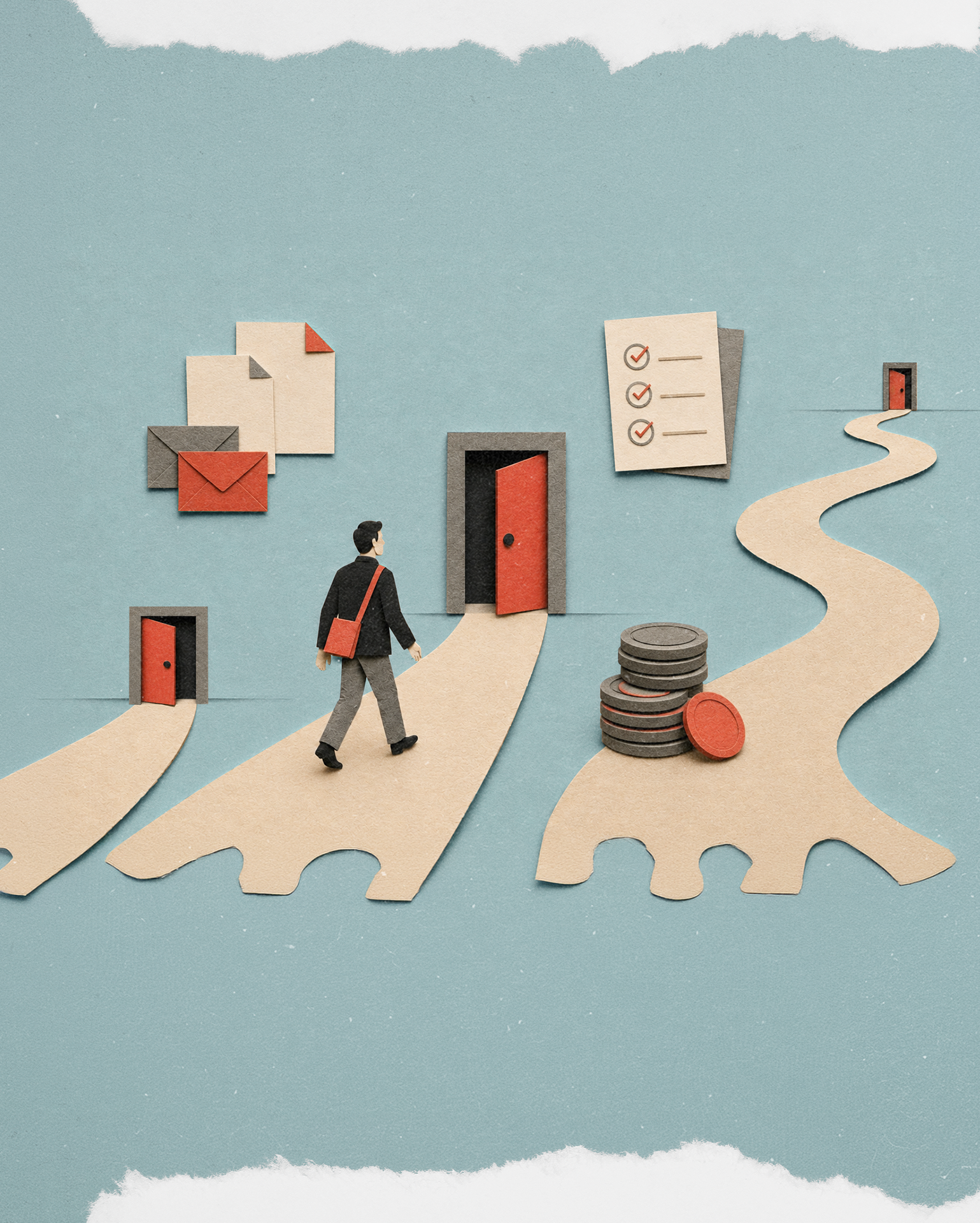 mitigation of damages in employment cases-illustration style-person walking toward open door with money and papers around him