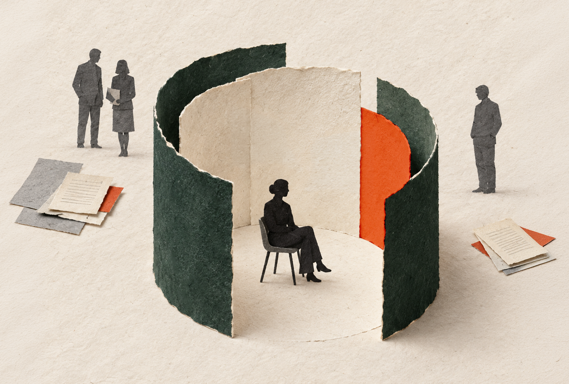workplace investigation, person sitting in chair within circular walls with people on the outside.