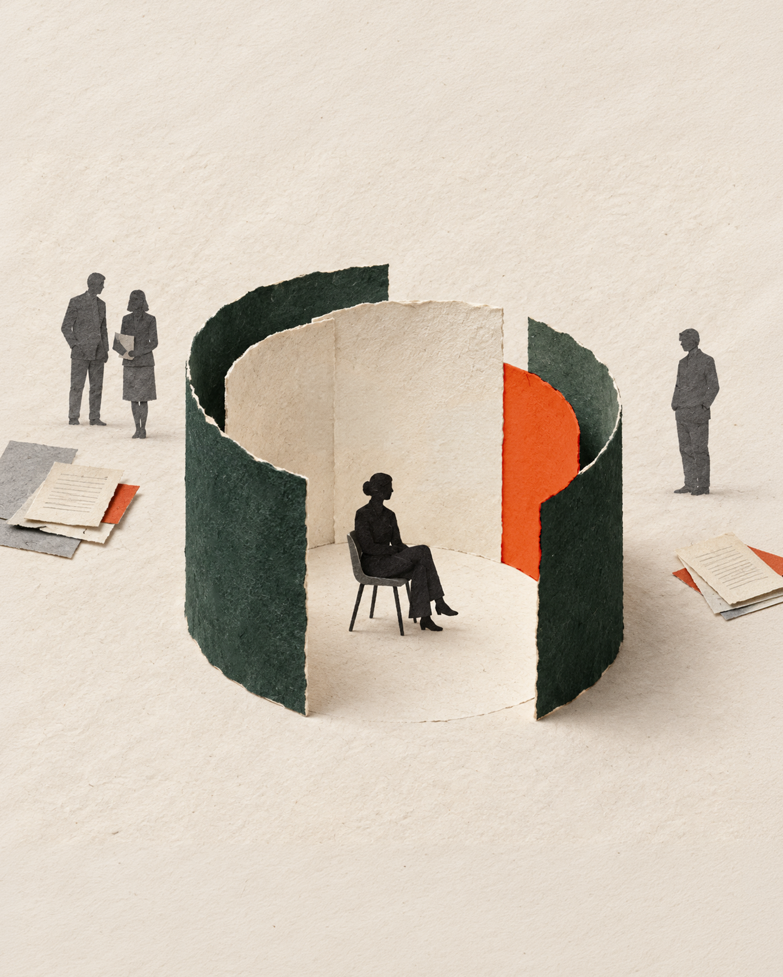 workplace investigation, person sitting in chair within circular walls with people on the outside.