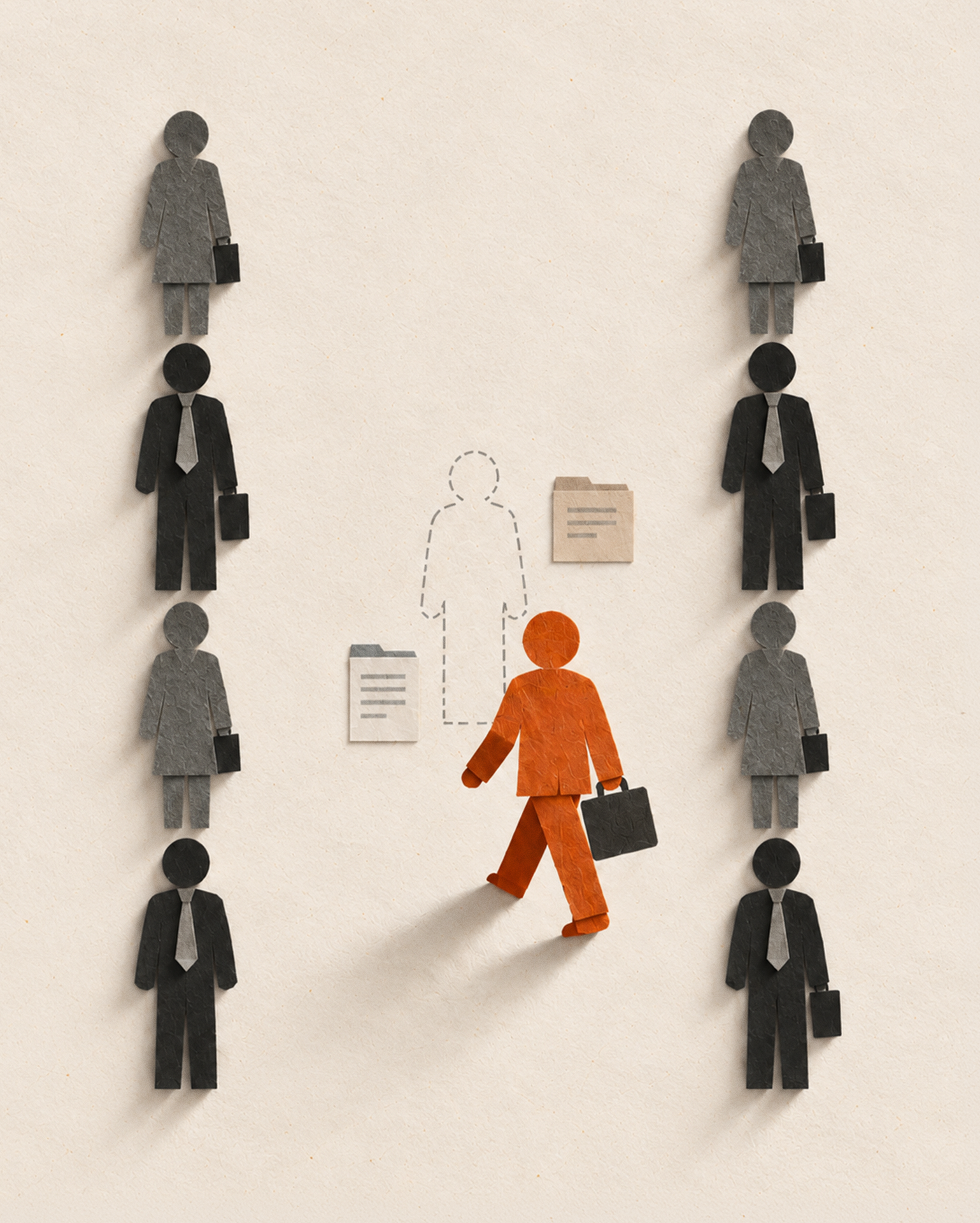 Employment discrimination-Person walking with briefcase between to rows of of people lined up.
