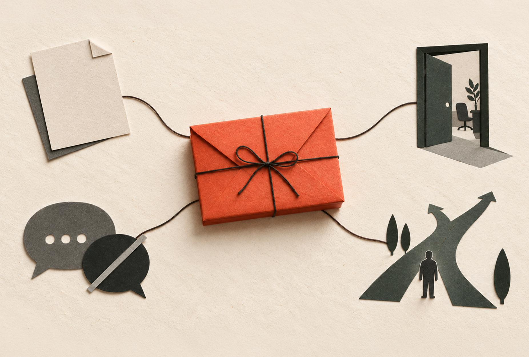 Severance Agreement-orange wrapped envelope parcel with strings attached to open door, paper, thought bubbles, and a road