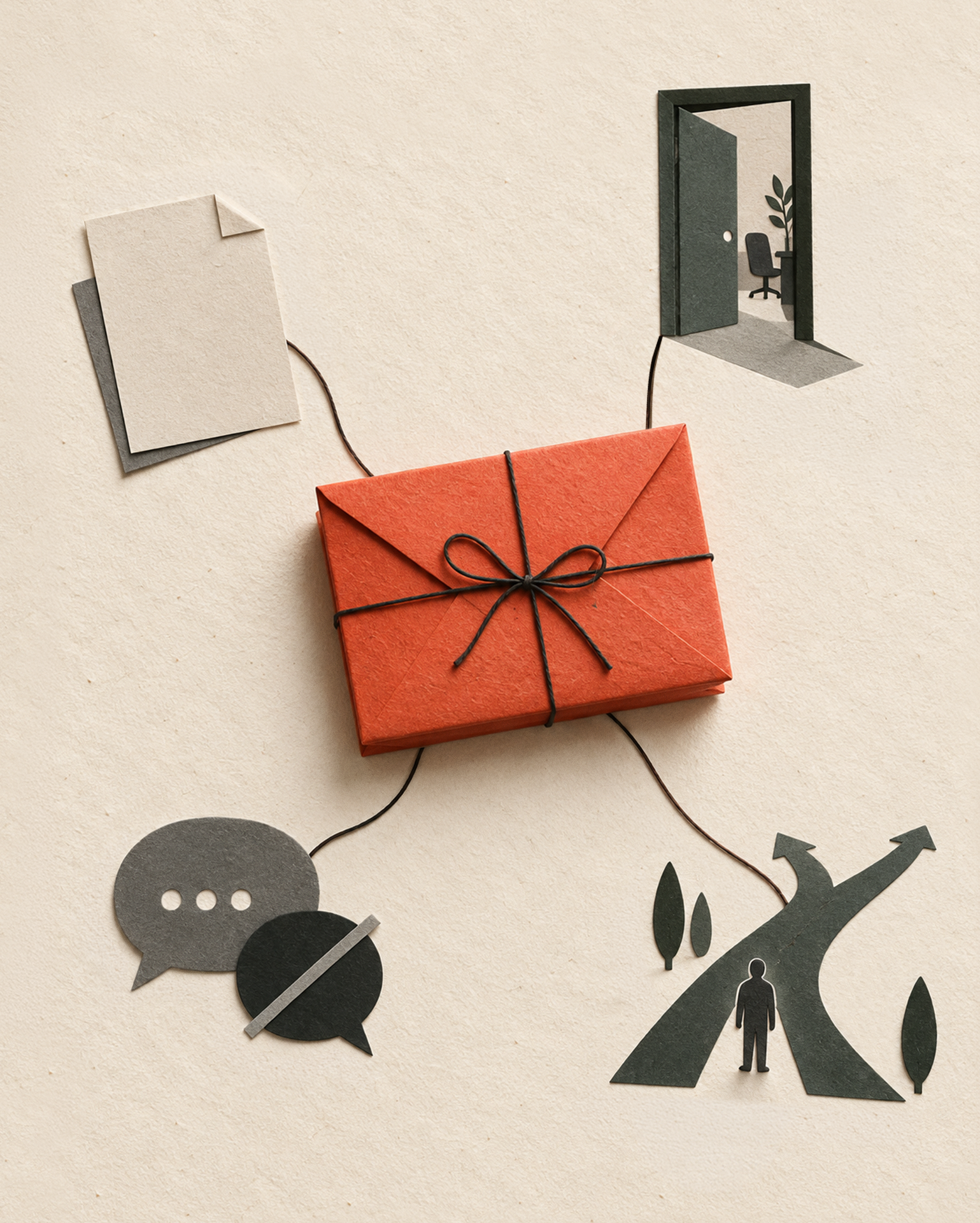 Severance Agreement-orange wrapped envelope parcel with strings attached to open door, paper, thought bubbles, and a road