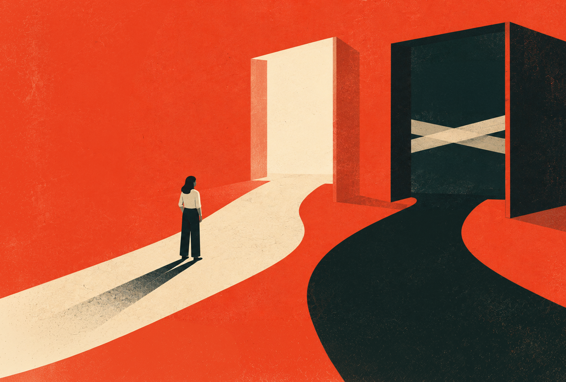 arbitration agreement-person walking on a pathway out an open door with a black pathway to the right.
