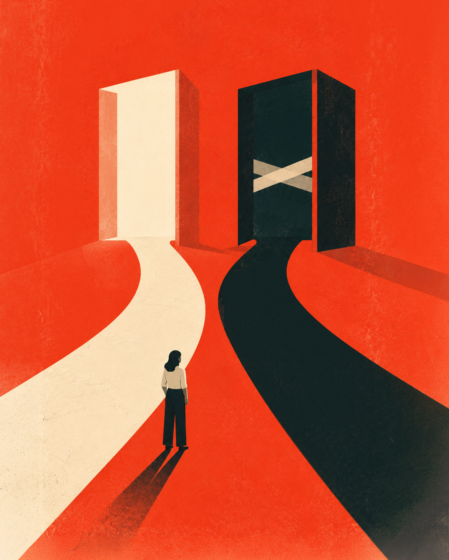 arbitration agreement-person walking on a pathway out an open door with a black pathway to the right.