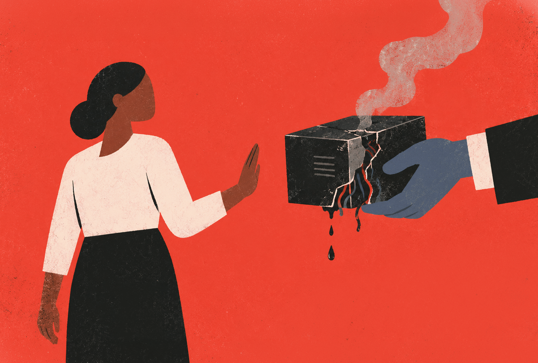 Refusing unsafe work-woman holding hand up toward larger hand holding broken smoking machine