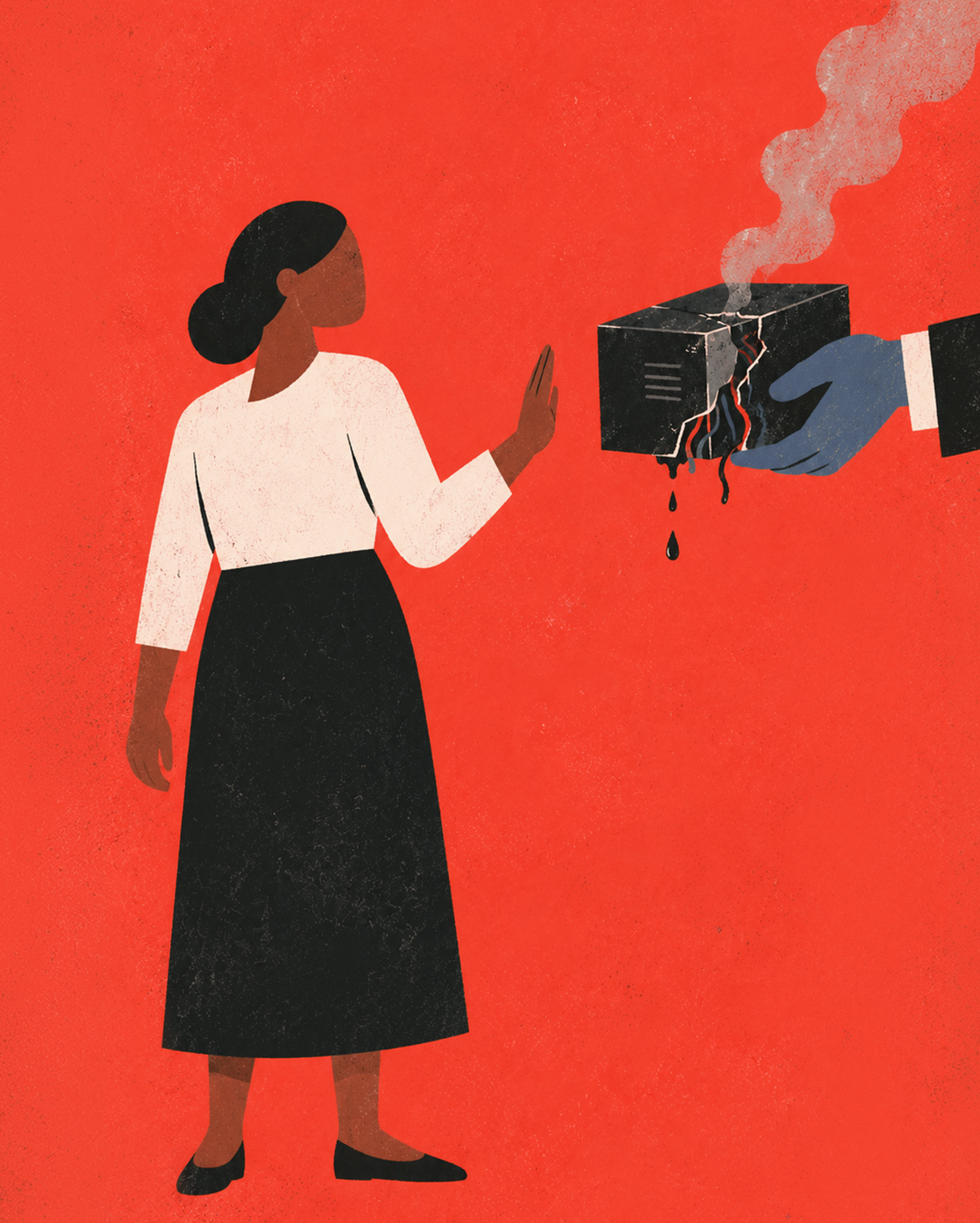 Refusing unsafe work-woman holding hand up toward larger hand holding broken smoking machine
